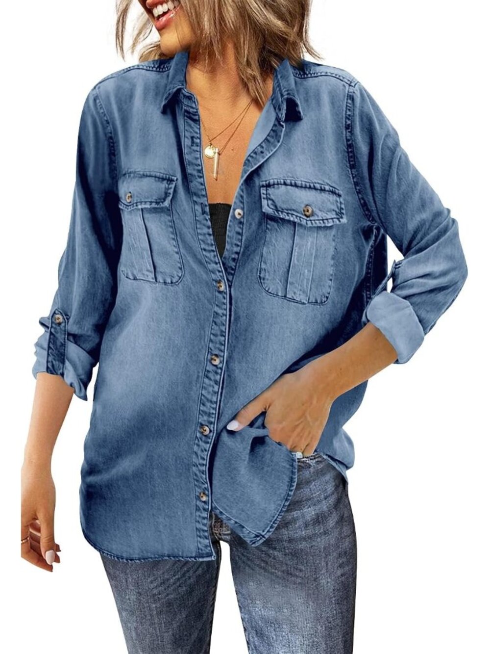 Women’s Blue Long Sleeve Button Down Oversized Denim Shirt Casual Jean Jacket